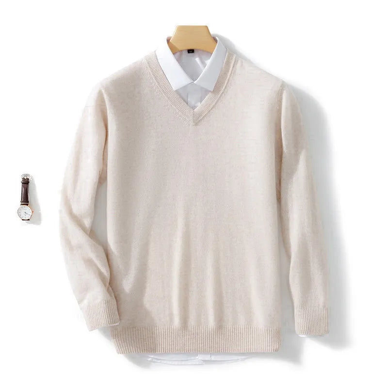 Mens Soft Cashmere Sweater, Autumn Winter Pullover Slim Fit V-Neck Knitted Woolen Knitwear for Business Casual Wear