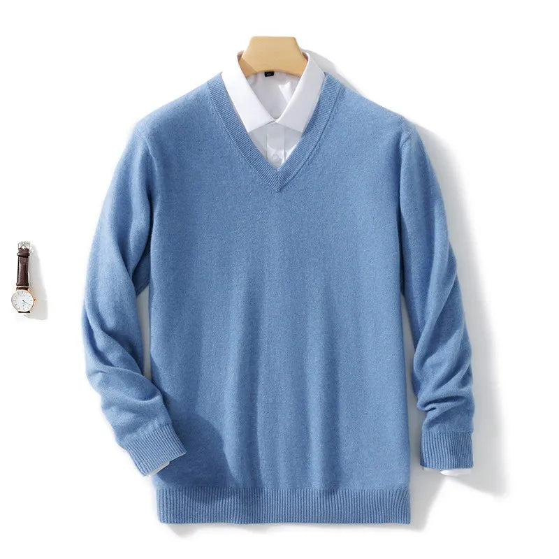 Mens Soft Cashmere Sweater, Autumn Winter Pullover Slim Fit V-Neck Knitted Woolen Knitwear for Business Casual Wear