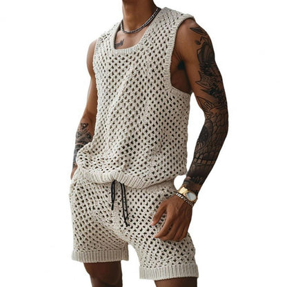 Men's Vest Shorts Set, Casual Sleeveless Knit Top & Elastic Waist Wide Leg Shorts for Daily Wear