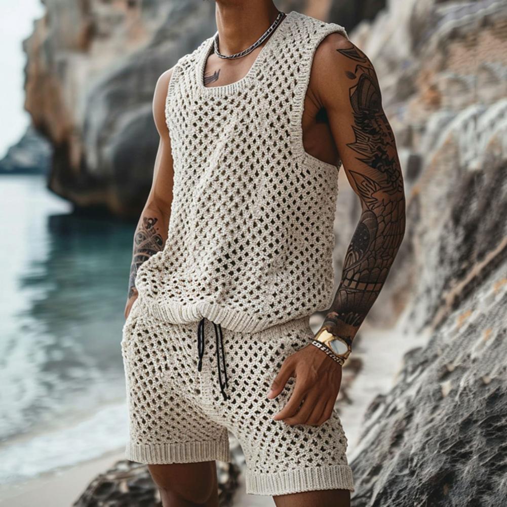 Men's Vest Shorts Set, Casual Sleeveless Knit Top & Elastic Waist Wide Leg Shorts for Daily Wear
