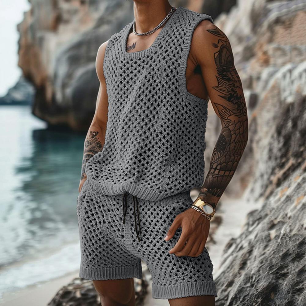 Men's Vest Shorts Set, Casual Sleeveless Knit Top & Elastic Waist Wide Leg Shorts for Daily Wear