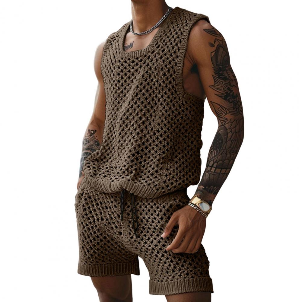 Men's Vest Shorts Set, Casual Sleeveless Knit Top & Elastic Waist Wide Leg Shorts for Daily Wear