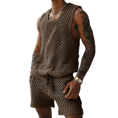 Men's Vest Shorts Set, Casual Sleeveless Knit Top & Elastic Waist Wide Leg Shorts for Daily Wear