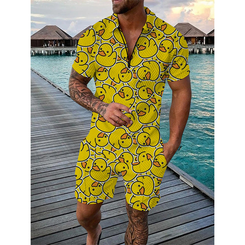 Summer Men Tracksuit Set Duck Panda 3D Print Oversized Streetwear Short Sleeve Zipper Polo Shirt & Shorts