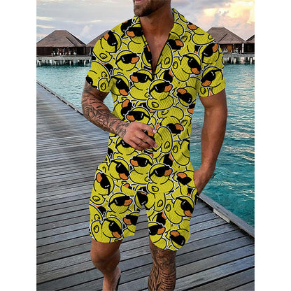 Summer Men Tracksuit Set Duck Panda 3D Print Oversized Streetwear Short Sleeve Zipper Polo Shirt & Shorts