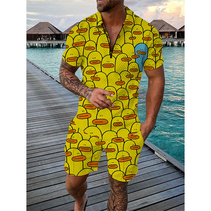 Summer Men Tracksuit Set Duck Panda 3D Print Oversized Streetwear Short Sleeve Zipper Polo Shirt & Shorts