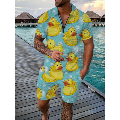 Summer Men Tracksuit Set Duck Panda 3D Print Oversized Streetwear Short Sleeve Zipper Polo Shirt & Shorts