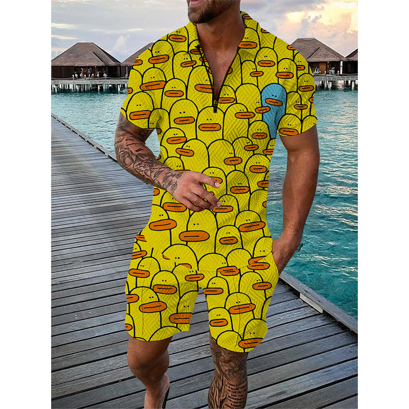 Summer Men Tracksuit Set Duck Panda 3D Print Oversized Streetwear Short Sleeve Zipper Polo Shirt & Shorts
