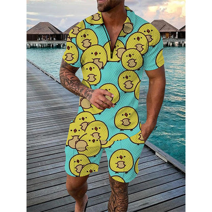 Summer Men Tracksuit Set Duck Panda 3D Print Oversized Streetwear Short Sleeve Zipper Polo Shirt & Shorts