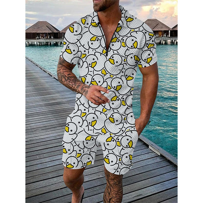 Summer Men Tracksuit Set Duck Panda 3D Print Oversized Streetwear Short Sleeve Zipper Polo Shirt & Shorts
