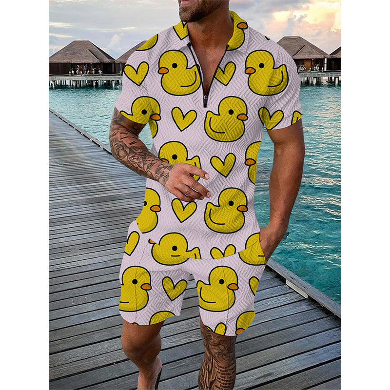 Summer Men Tracksuit Set Duck Panda 3D Print Oversized Streetwear Short Sleeve Zipper Polo Shirt & Shorts