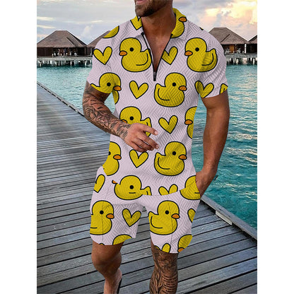 Summer Men Tracksuit Set Duck Panda 3D Print Oversized Streetwear Short Sleeve Zipper Polo Shirt & Shorts