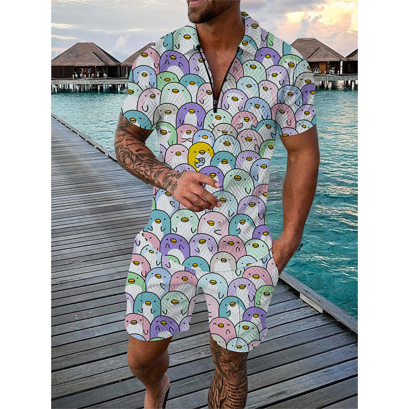 Summer Men Tracksuit Set Duck Panda 3D Print Oversized Streetwear Short Sleeve Zipper Polo Shirt & Shorts