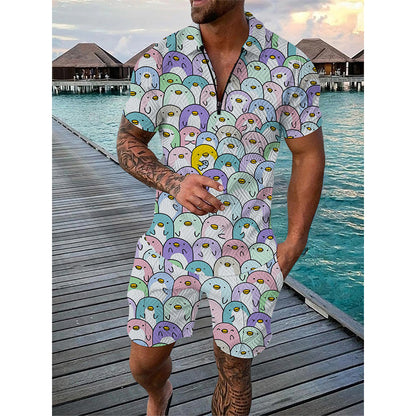 Summer Men Tracksuit Set Duck Panda 3D Print Oversized Streetwear Short Sleeve Zipper Polo Shirt & Shorts
