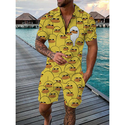 Summer Men Tracksuit Set Duck Panda 3D Print Oversized Streetwear Short Sleeve Zipper Polo Shirt & Shorts