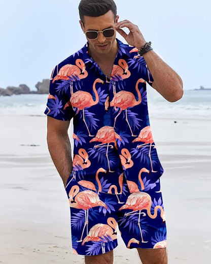 Mens Flame Bird Printed Short-Sleeved Shirt & Hawaiian Sports Shorts Set, Casual Summer Beach Outfit