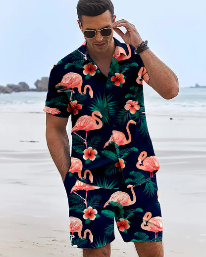 Mens Flame Bird Printed Short-Sleeved Shirt & Hawaiian Sports Shorts Set, Casual Summer Beach Outfit
