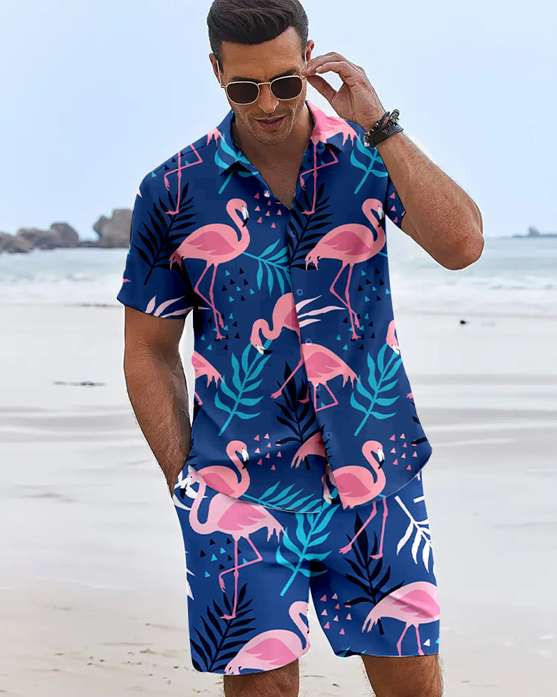 Mens Flame Bird Printed Short-Sleeved Shirt & Hawaiian Sports Shorts Set, Casual Summer Beach Outfit
