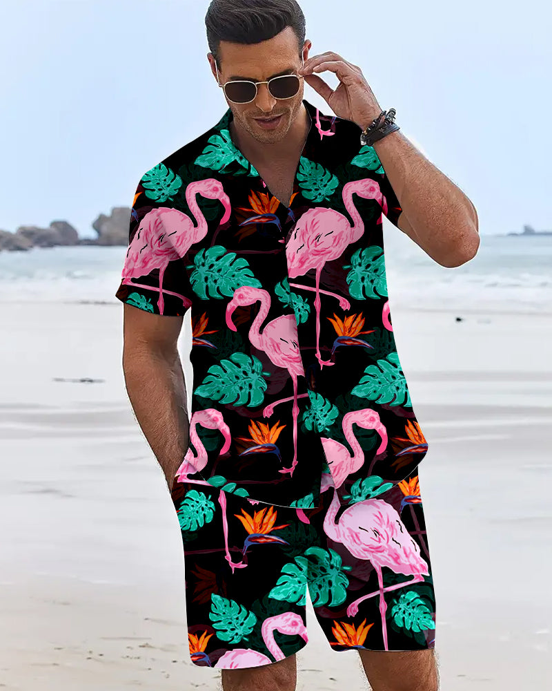 Mens Flame Bird Printed Short-Sleeved Shirt & Hawaiian Sports Shorts Set, Casual Summer Beach Outfit