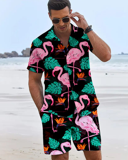 Mens Flame Bird Printed Short-Sleeved Shirt & Hawaiian Sports Shorts Set, Casual Summer Beach Outfit