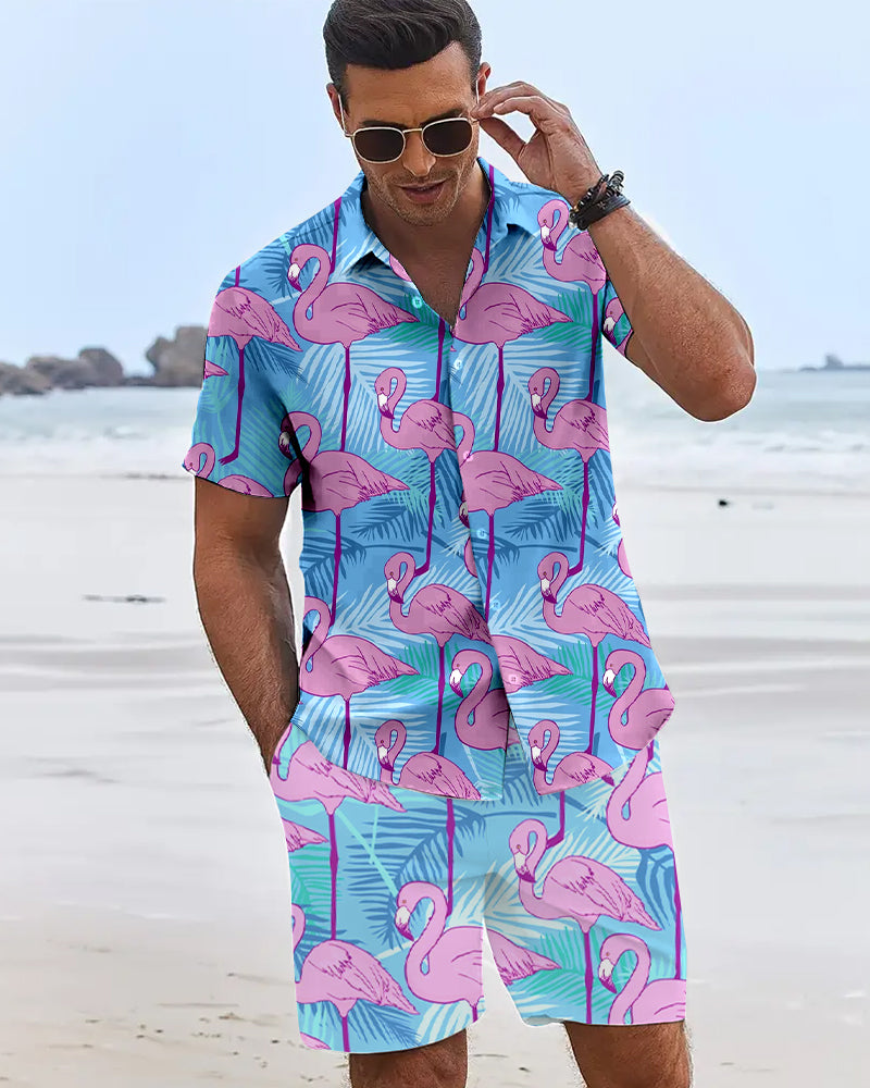 Mens Flame Bird Printed Short-Sleeved Shirt & Hawaiian Sports Shorts Set, Casual Summer Beach Outfit