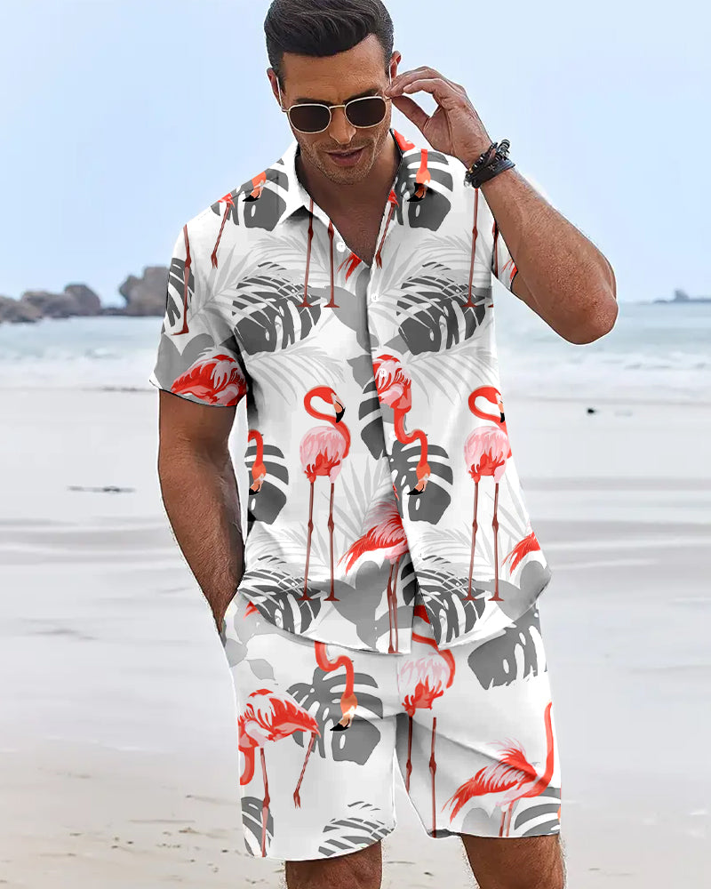 Mens Flame Bird Printed Short-Sleeved Shirt & Hawaiian Sports Shorts Set, Casual Summer Beach Outfit