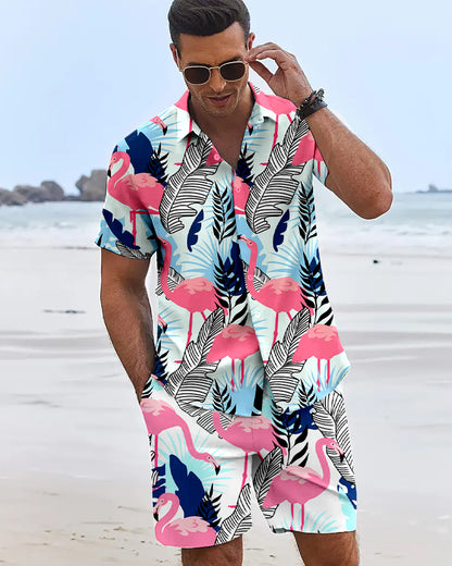 Mens Flame Bird Printed Short-Sleeved Shirt & Hawaiian Sports Shorts Set, Casual Summer Beach Outfit