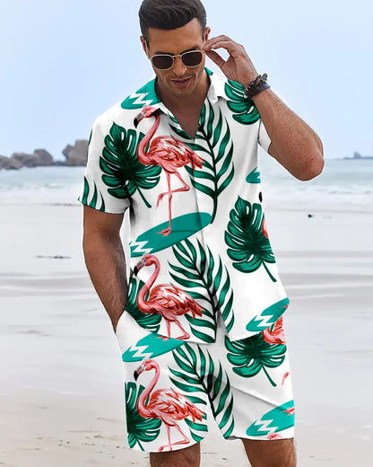 Mens Flame Bird Printed Short-Sleeved Shirt & Hawaiian Sports Shorts Set, Casual Summer Beach Outfit