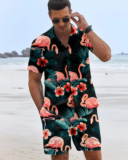 Mens Flame Bird Printed Short-Sleeved Shirt & Hawaiian Sports Shorts Set, Casual Summer Beach Outfit