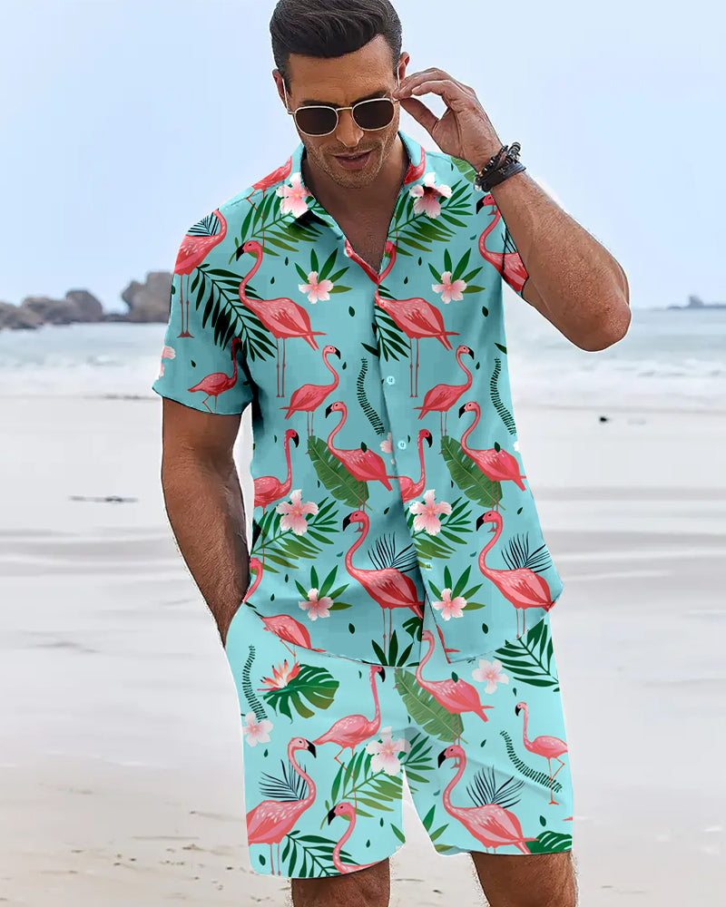 Mens Flame Bird Printed Short-Sleeved Shirt & Hawaiian Sports Shorts Set, Casual Summer Beach Outfit