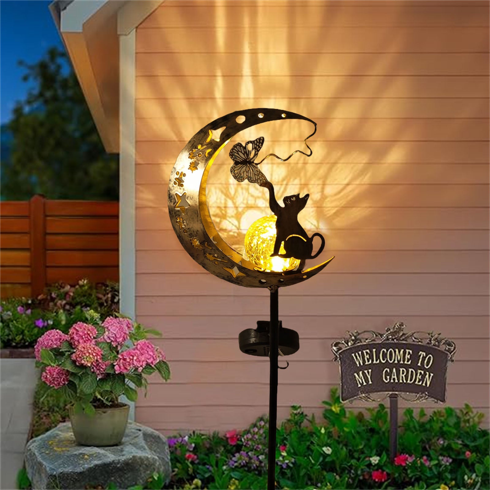 Cat Moon-Shaped Iron Solar Lamp, Decorative Outdoor Garden Lighting with Automatic Sensor & Solar Powered Illumination