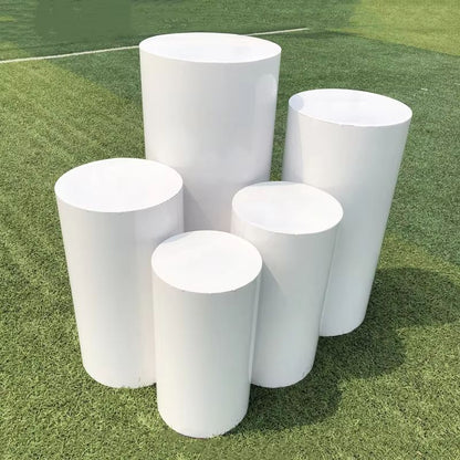 Modern Pedestal Display Stand Set – 3/5PCS White & Gold Cylinder Plinths for Weddings, Cakes & Event Decor