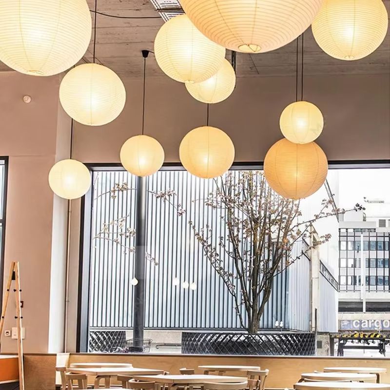 WabiSabi Japanese Style Pendant Lamp  Round Rice Paper LED Ceiling Light For Dining Room Study Or C