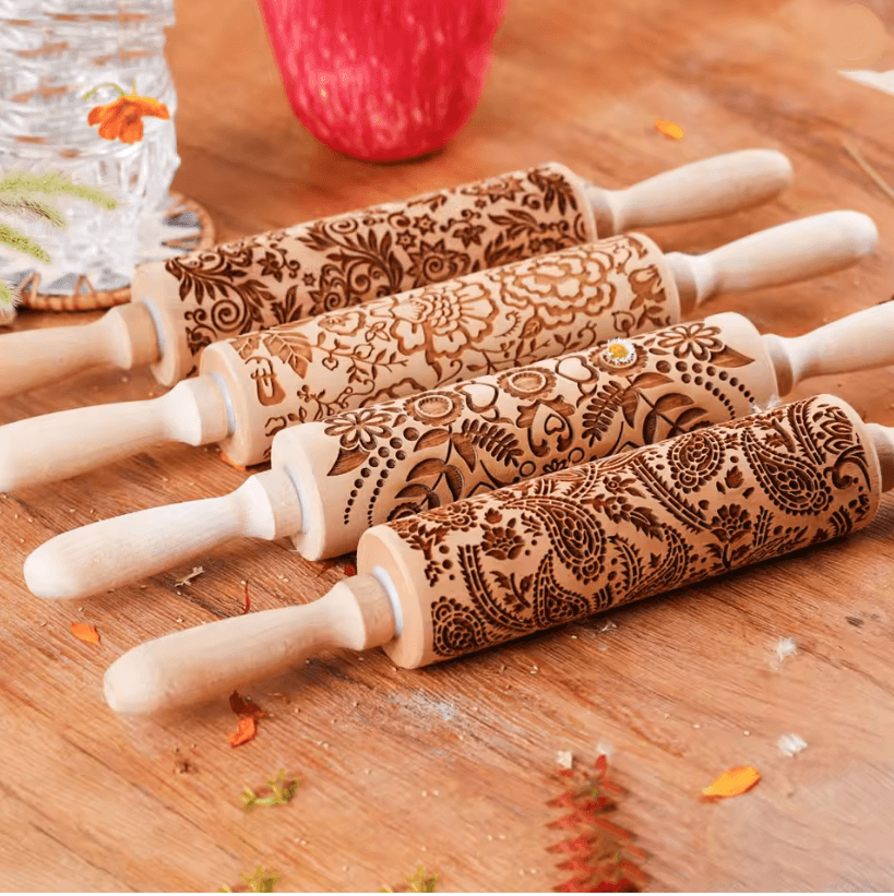 Sunflower Pattern Embossed Rolling Pin for Cookie Dough and Pastry Design