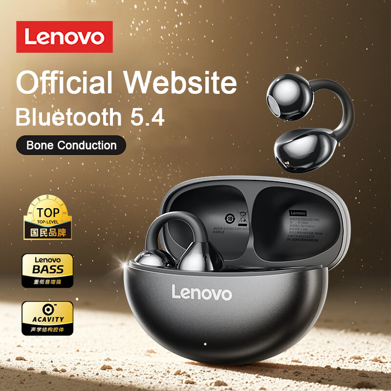 Lenovo Bluetooth Wireless Ear Clip Earbuds, Bone Conduction Headphones, TWS Panoramic Sound with Mic