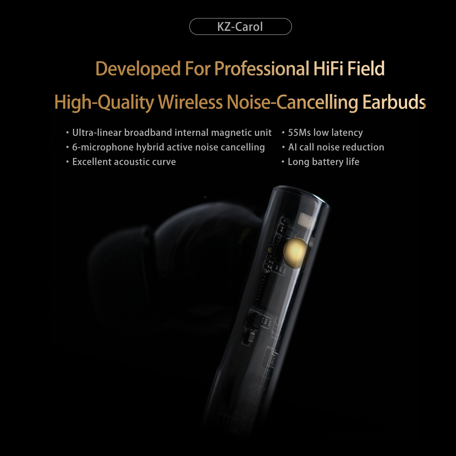 KZ Carol ANC Wireless Earphone Bluetooth 5.3, HiFi TWS Headphone, 55dB Active Noise Canceling, 6 Mic AI HD Call