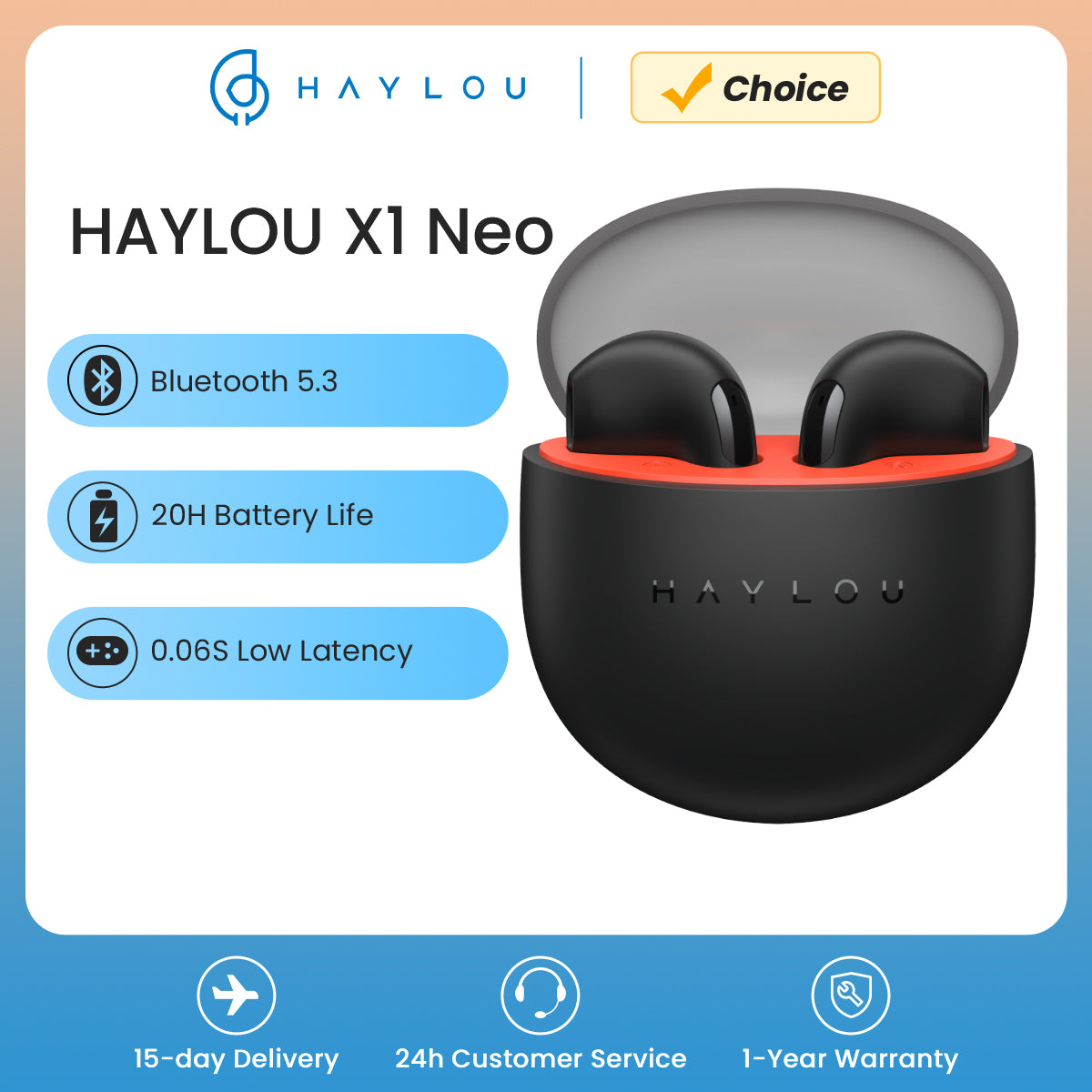 HAYLOU Neo TWS Bluetooth Earphones, Lightweight Wireless Earbuds, Low Latency, 20H Battery Life