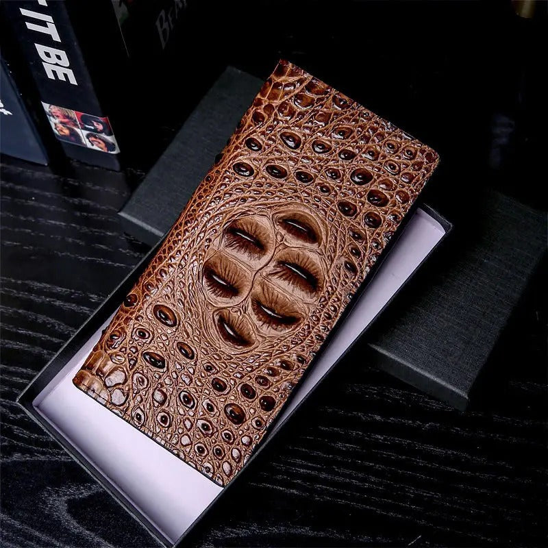 Genuine Leather Men Wallets Business Long Crocodile Style, Thin Fashion Short Wallet, No Zipper Pure Leather Card Holder