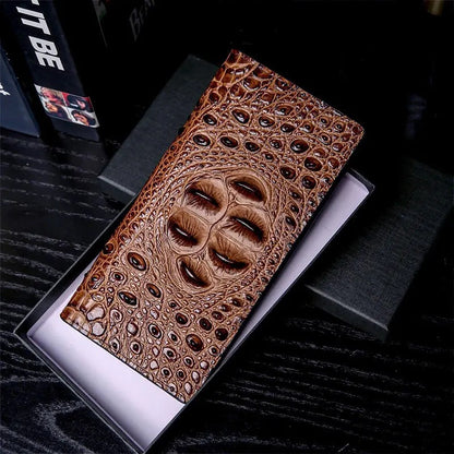 Genuine Leather Men Wallets Business Long Crocodile Style, Thin Fashion Short Wallet, No Zipper Pure Leather Card Holder