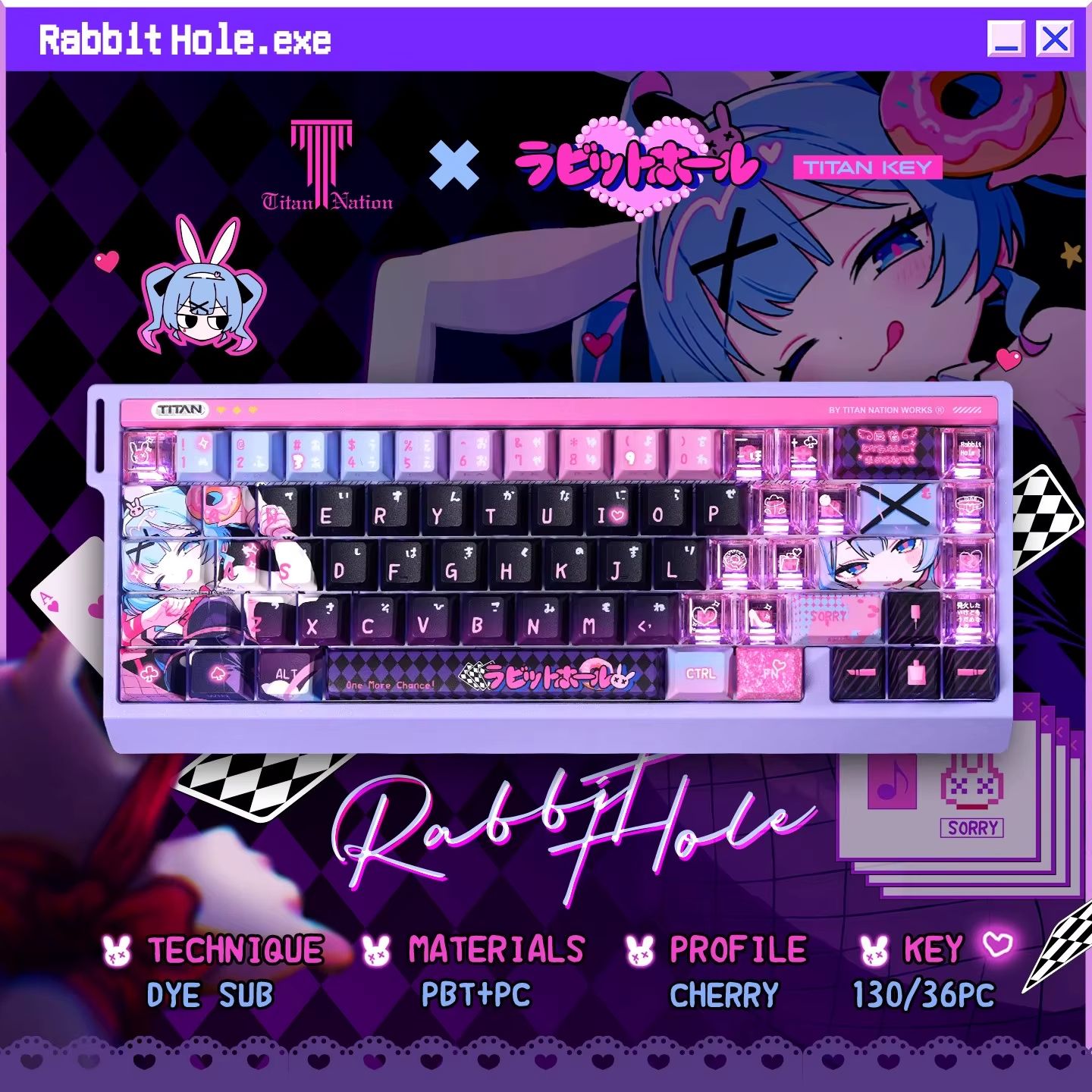 Anime Rabbit Hole Keycap Set – Translucent Cherry Profile PBT+PC Keycaps for Mechanical Gaming Keyboards