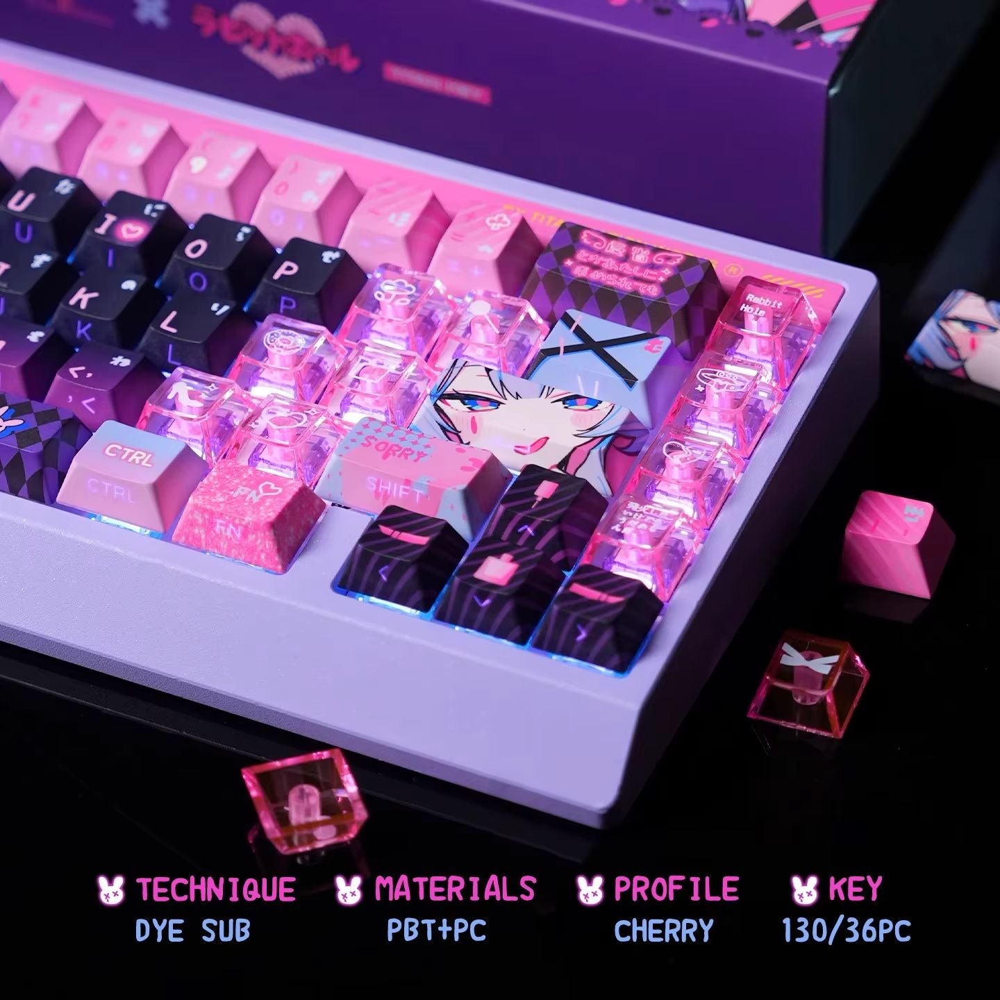 Anime Rabbit Hole Keycap Set  Translucent Cherry Profile PBTPC Keycaps For Mechanical Gaming Keyboa 2