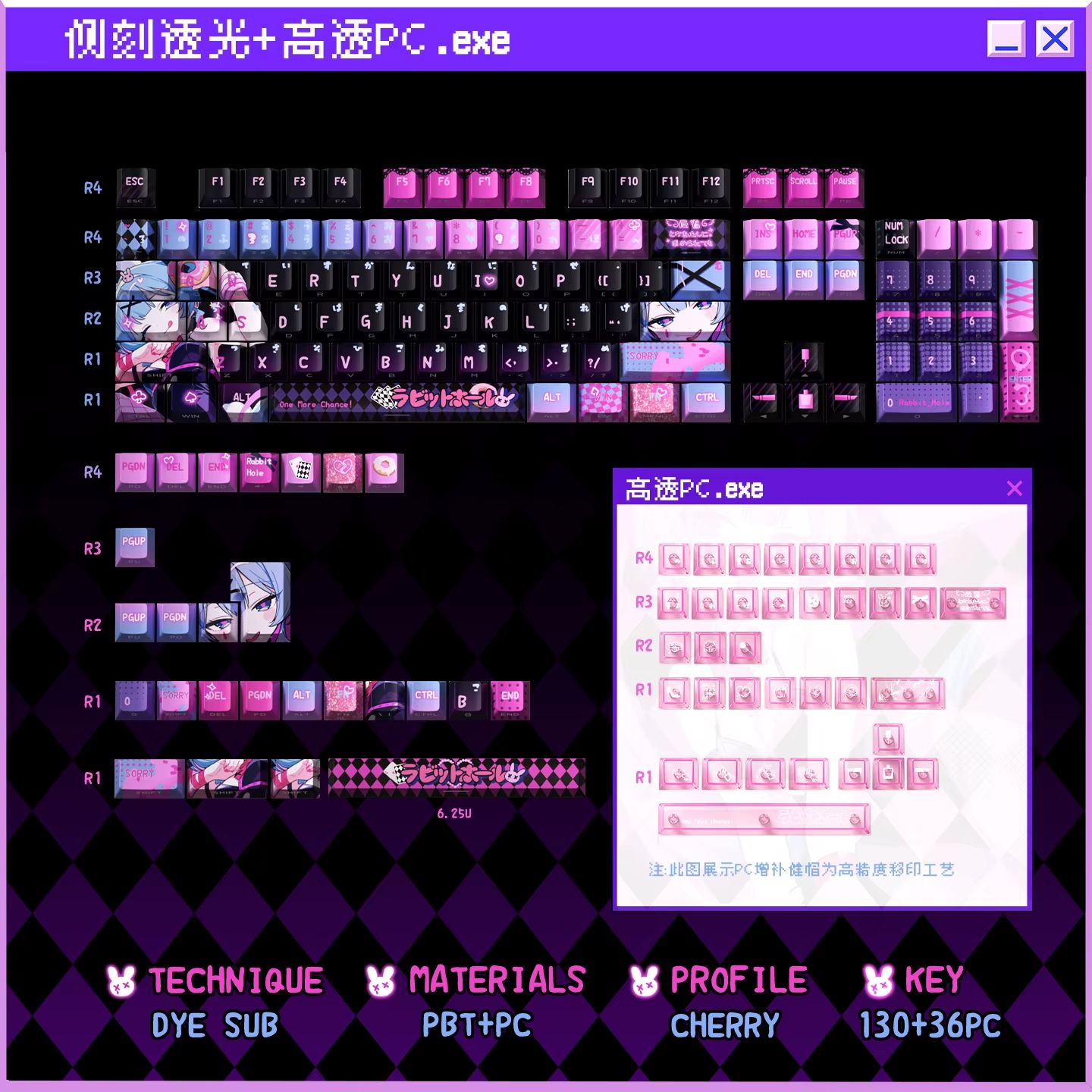 Anime Rabbit Hole Keycap Set  Translucent Cherry Profile PBTPC Keycaps For Mechanical Gaming Keyboa 12