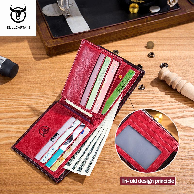 Men RFID Blocking Leather Wallet by BULLCAPTAIN, Slim Bifold Design, Multi-card Holder, ID Wallet