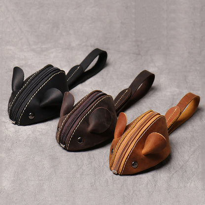 Cute Mouse Coin Purse in Genuine Leather, Zipper Pocket Wallet for Kids, Men, Women, Portable Key Bag Organizer