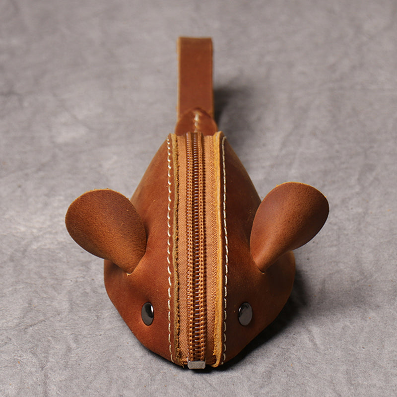 Cute Mouse Coin Purse in Genuine Leather, Zipper Pocket Wallet for Kids, Men, Women, Portable Key Bag Organizer