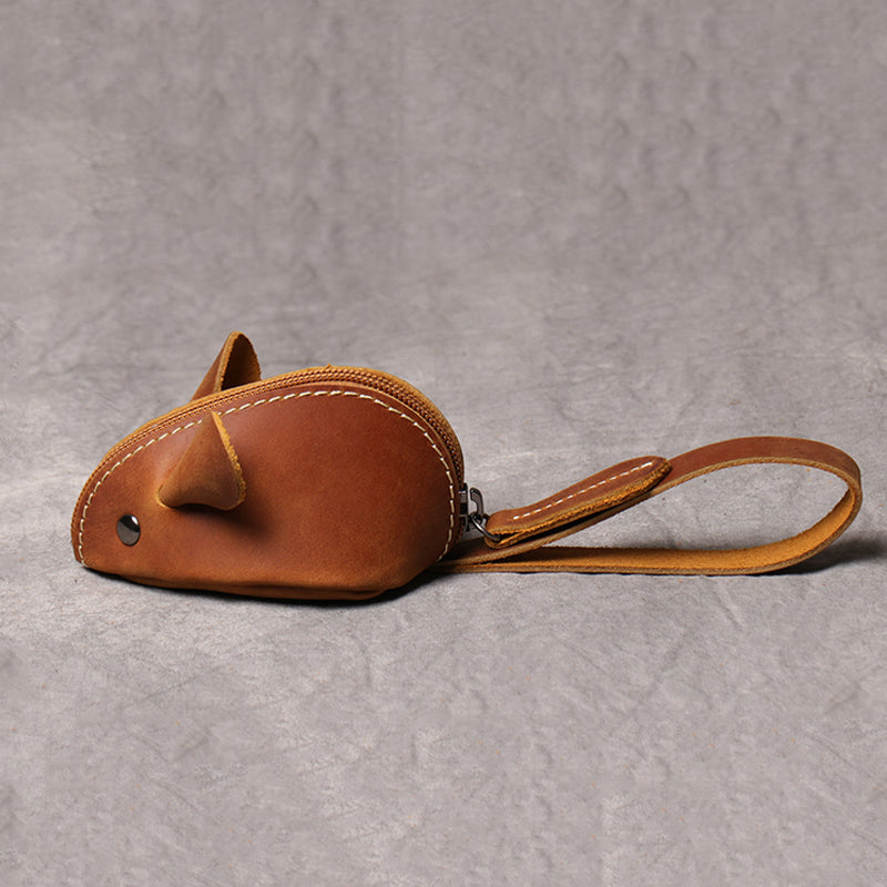 Cute Mouse Coin Purse in Genuine Leather, Zipper Pocket Wallet for Kids, Men, Women, Portable Key Bag Organizer