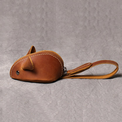 Cute Mouse Coin Purse in Genuine Leather, Zipper Pocket Wallet for Kids, Men, Women, Portable Key Bag Organizer
