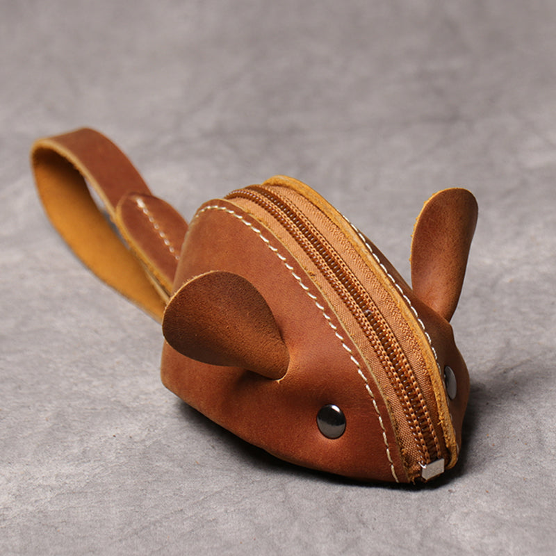 Cute Mouse Coin Purse in Genuine Leather, Zipper Pocket Wallet for Kids, Men, Women, Portable Key Bag Organizer