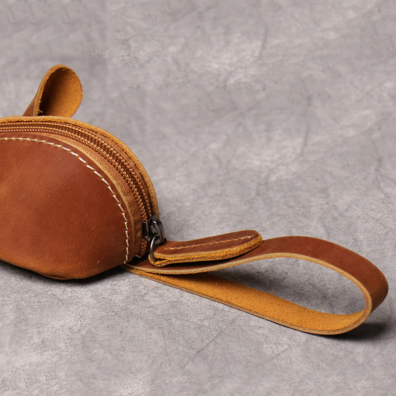 Cute Mouse Coin Purse in Genuine Leather, Zipper Pocket Wallet for Kids, Men, Women, Portable Key Bag Organizer