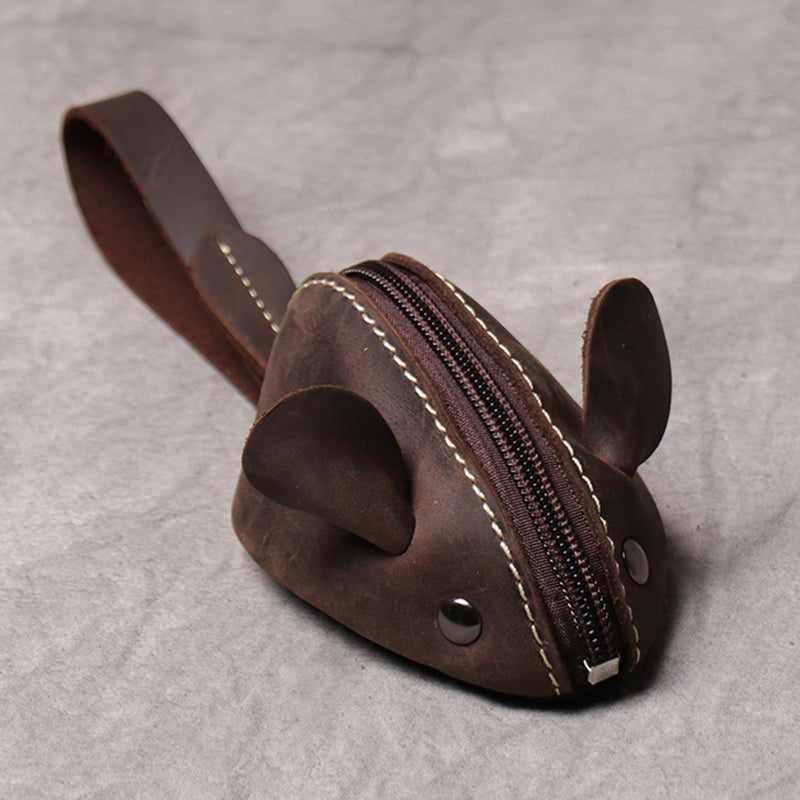 Cute Mouse Coin Purse in Genuine Leather, Zipper Pocket Wallet for Kids, Men, Women, Portable Key Bag Organizer